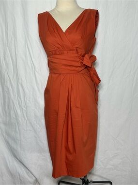 MaxMara Luxury Rust Sleeveless Pleated  Midi Dress V-Neck Tie Waist Size 10